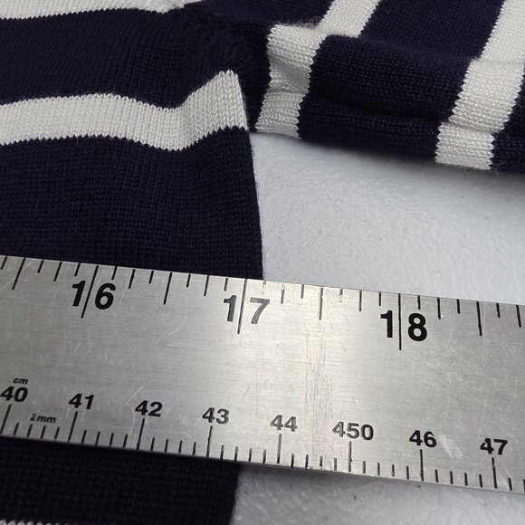 BENANCY Sweater Womens Medium Navy White Striped Crewneck Gold Button Shoulders - Picture 10 of 11